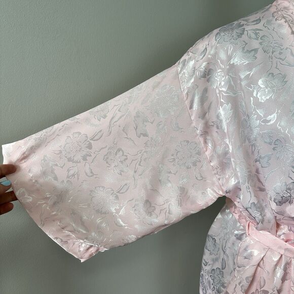 Vtg 90s Long Kimono Robe Small Powder Pink Floral Embossed Satin Belted Romantic - Picture 6 of 12